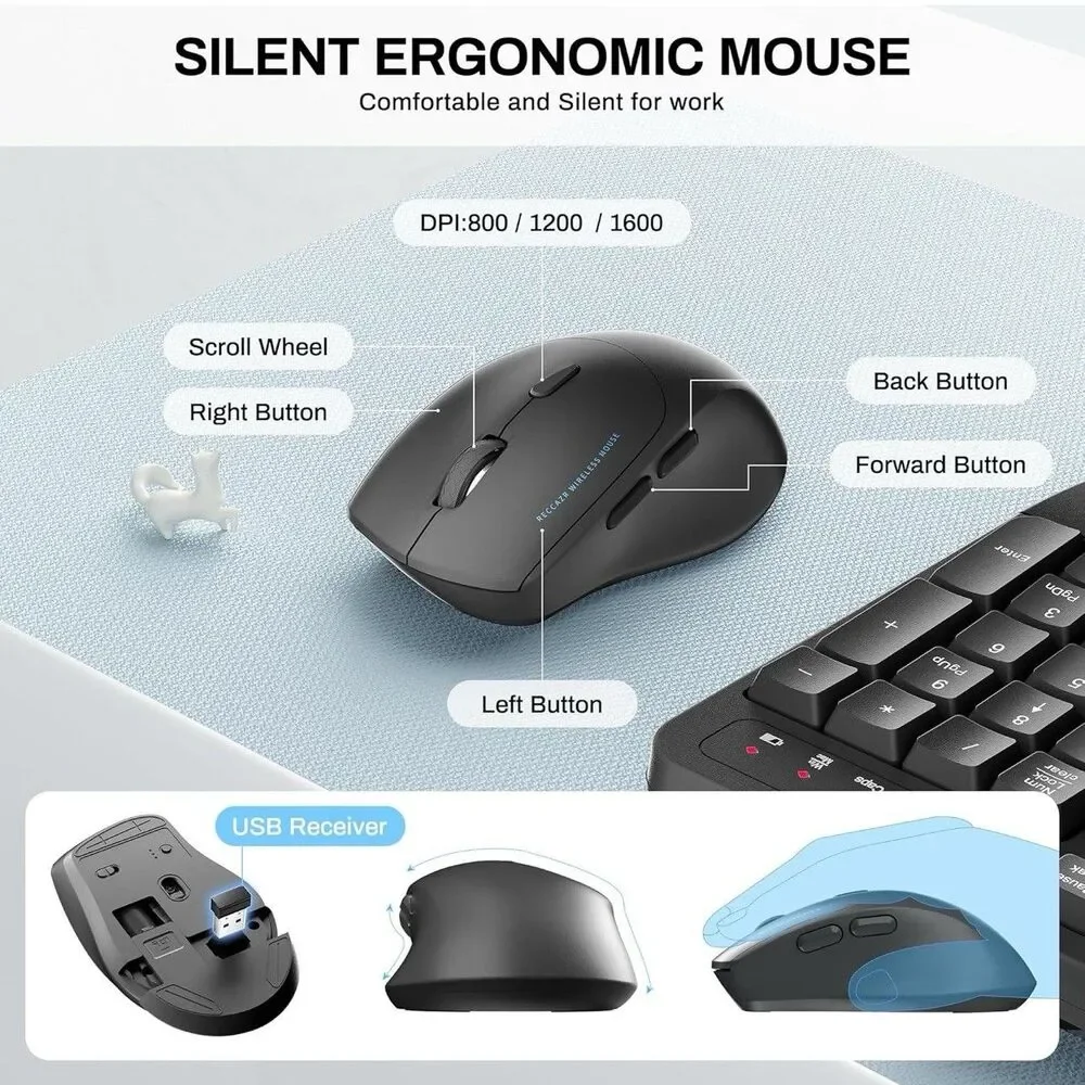 Wireless Keyboard and Mouse Combo,2.4G Full Size Wave Keys Ergonomic Keyboard